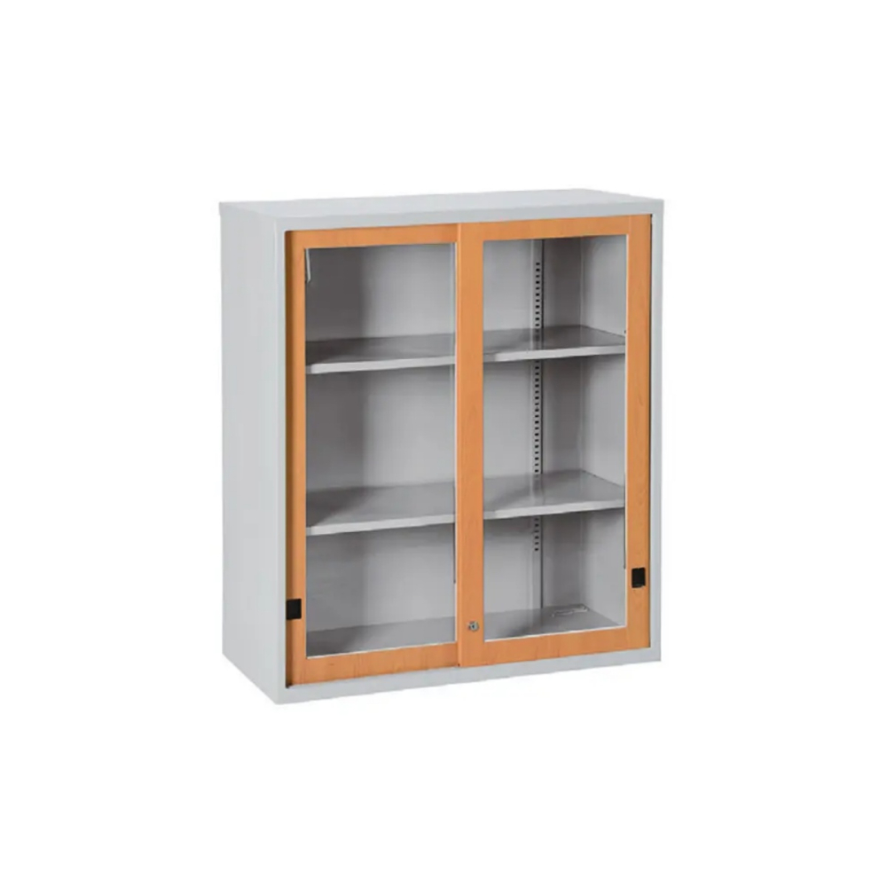 三層玻璃加框拉門上置式鋼製公文櫃(熱烤轉印木紋)