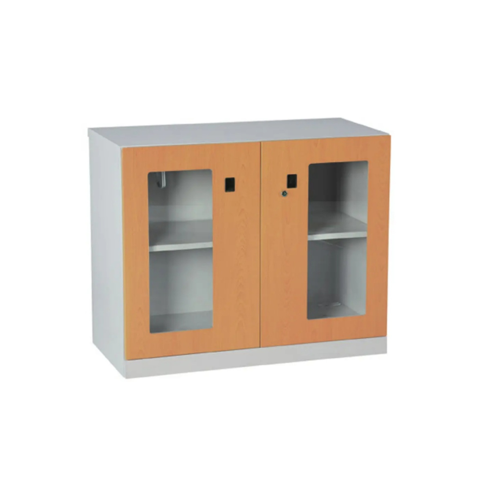 玻璃雙開門下置式鋼製公文櫃(熱烤轉印木紋)