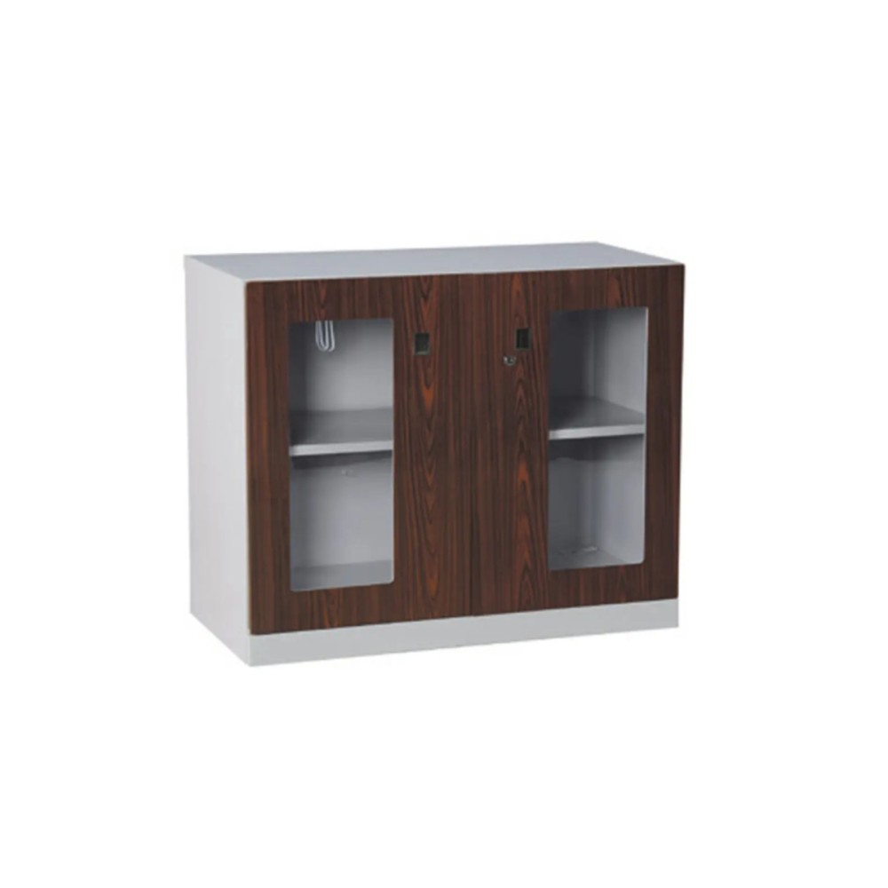 玻璃雙開門下置式鋼製公文櫃(熱烤轉印胡桃面)