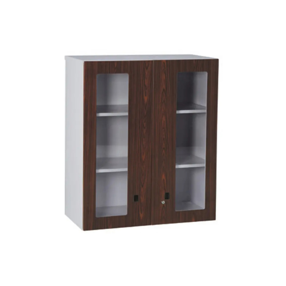 玻璃雙開門上置式鋼製公文櫃(熱烤轉印胡桃面)