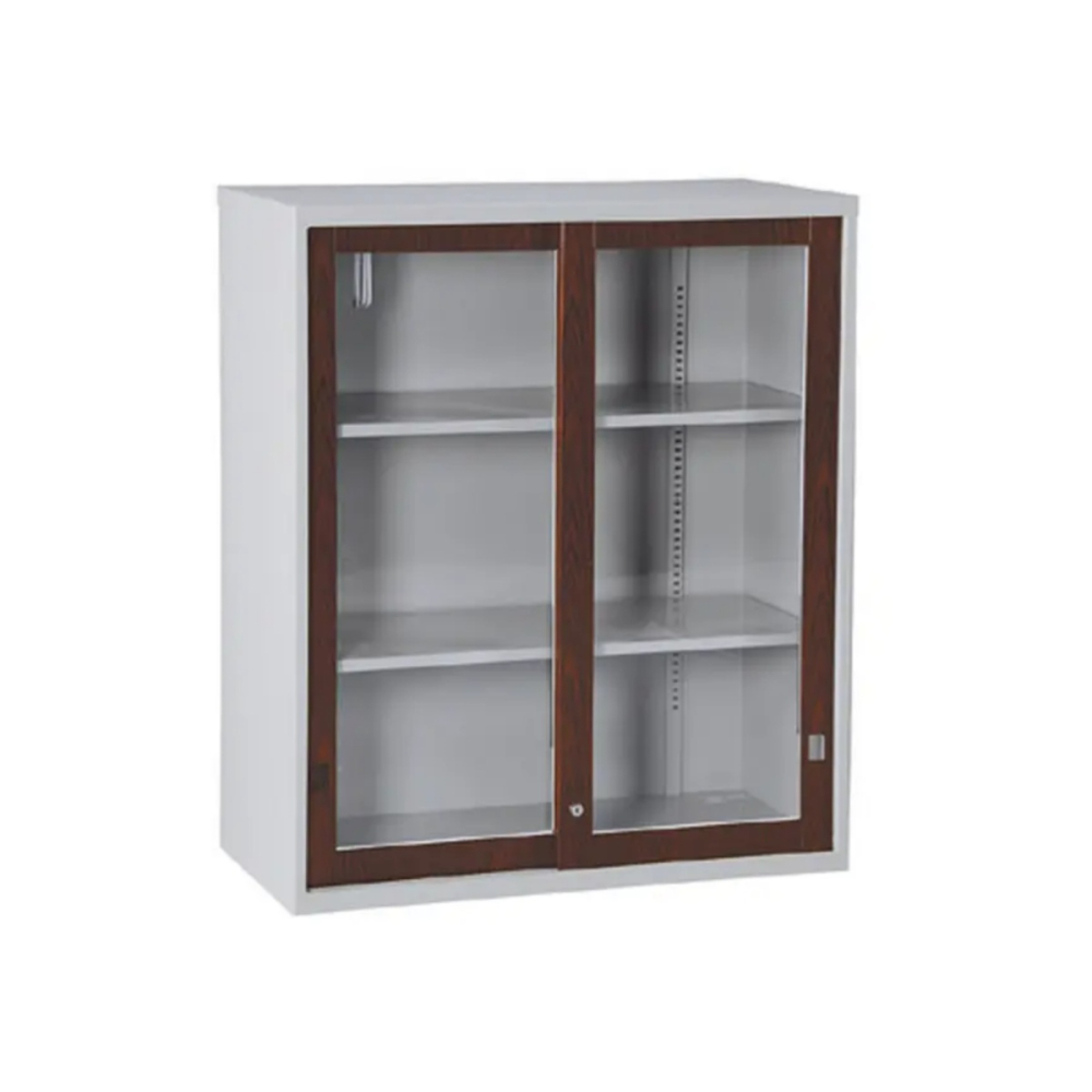 玻璃加框拉門上置式公文櫃(熱烤轉印胡桃面)